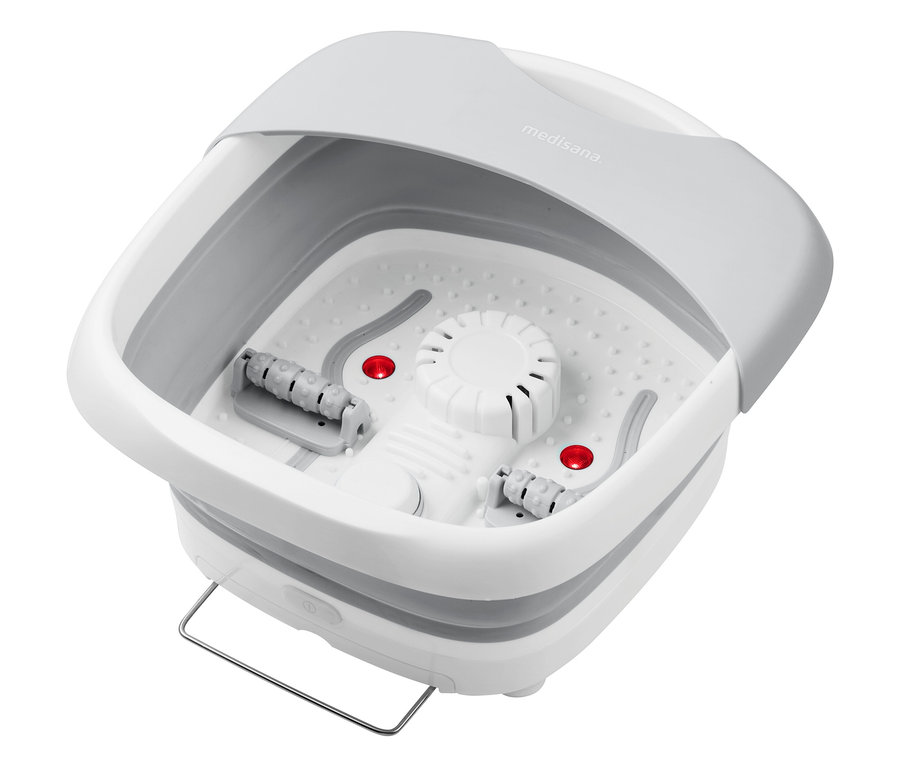 Bain de pieds Medisana gris et blanc avec rouleaux.