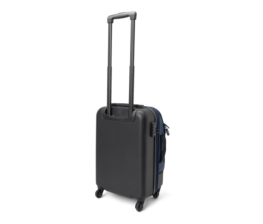 Gros plan valise hybride, petite, avec poignée extensible et roulettes.