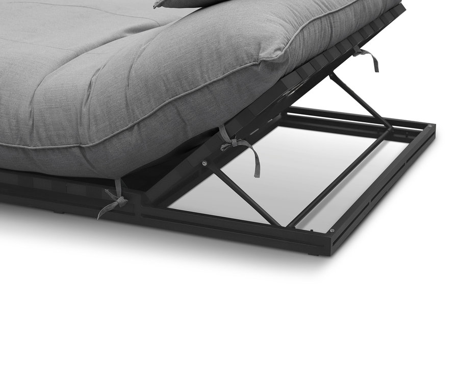 Vue détaillée d'un futon gris avec un coffre de lit déplié.