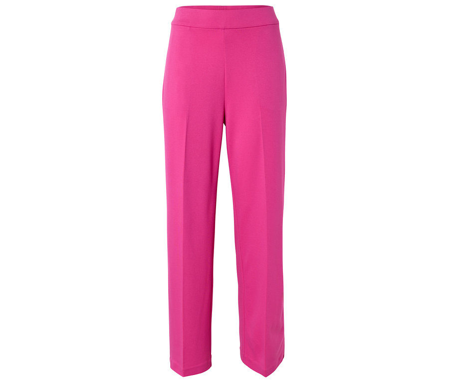 Un pantalon rose taille haute à jambes droites sur un fond blanc.