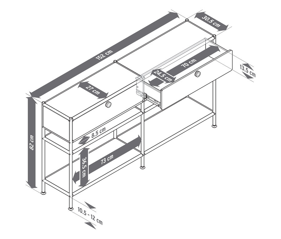 Vue de dessus d'une console métallique « CN3 Slim Line » avec deux tiroirs, dont un est ouvert. Dimensions indiquées.