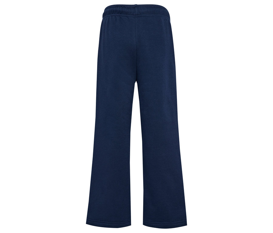 Le pantalon de survêtement ample hummel® HMLJR Loose WL Pintug est bleu marine sur fond blanc.