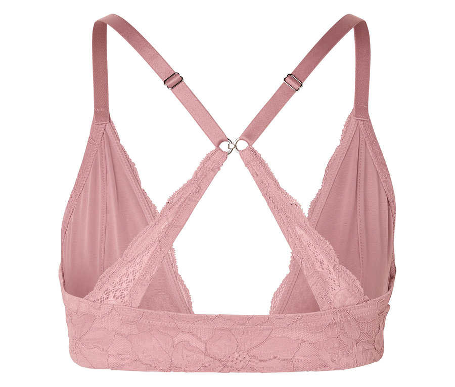 Vue arrière d'un soutien-gorge rose avec de la dentelle et des bretelles réglables.