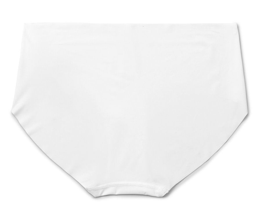 Culotte de bikini blanche et unie, posée à plat.