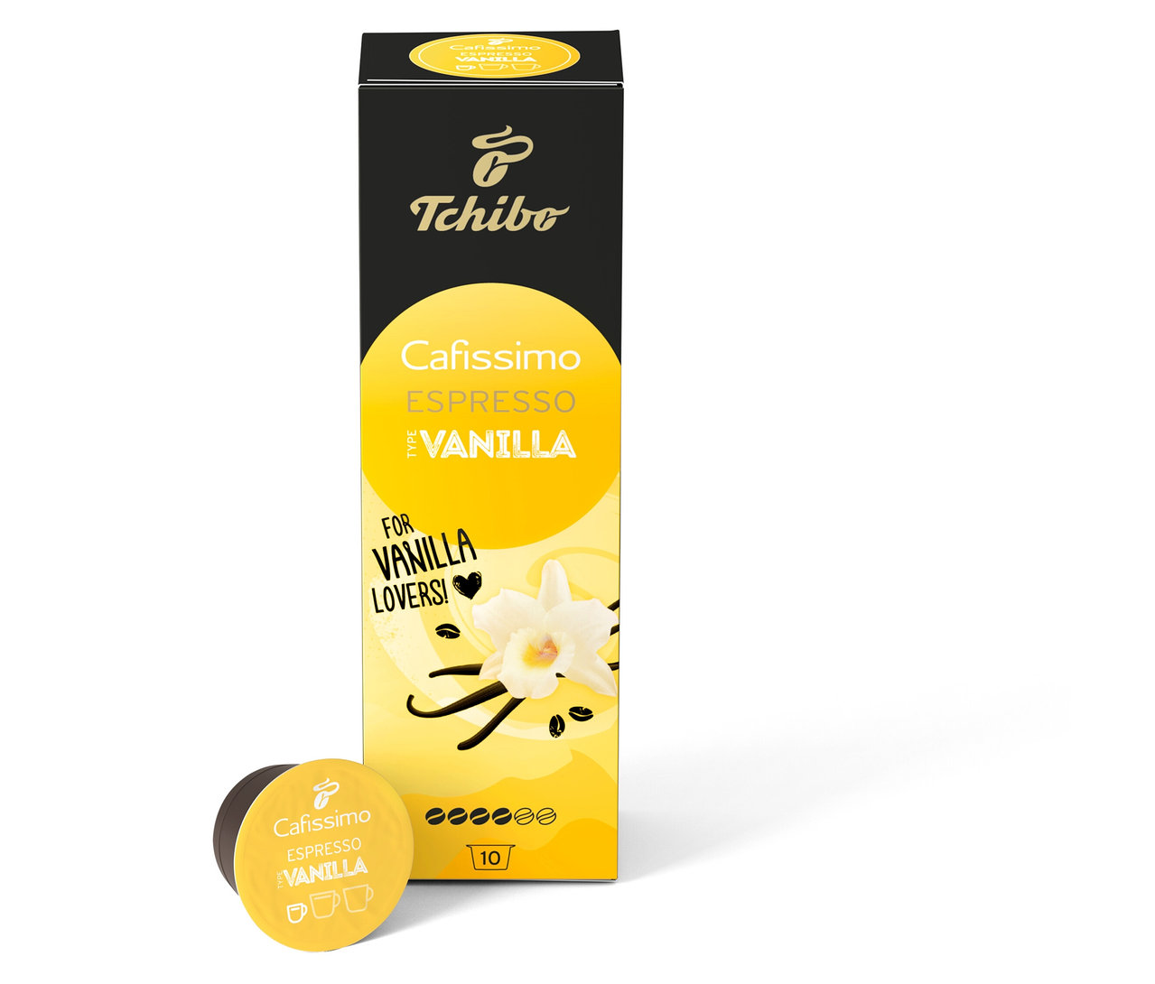 Une boîte de Cafissimo Flavoured Espresso - Vanilla - 10 capsules et une capsule individuelle sur fond blanc.