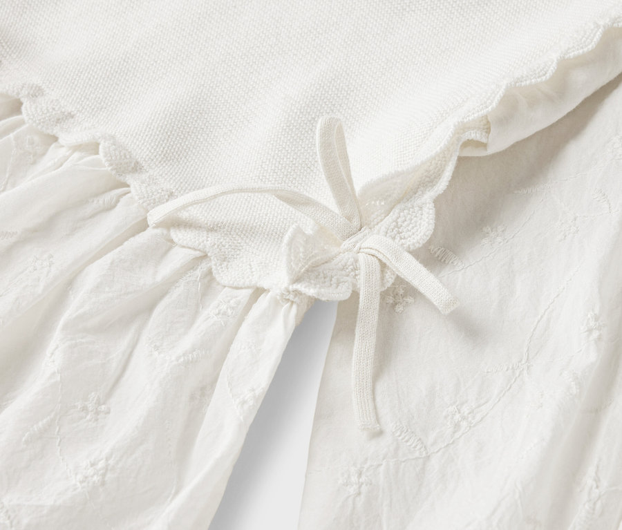 Gros plan d'une robe blanche avec de la dentelle et un lien à nouer.