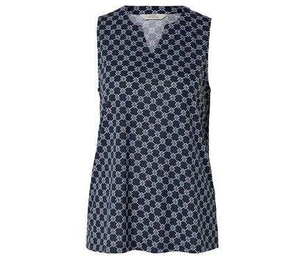 Un haut bleu marine sans manches avec un motif de chaîne blanche répétitif.