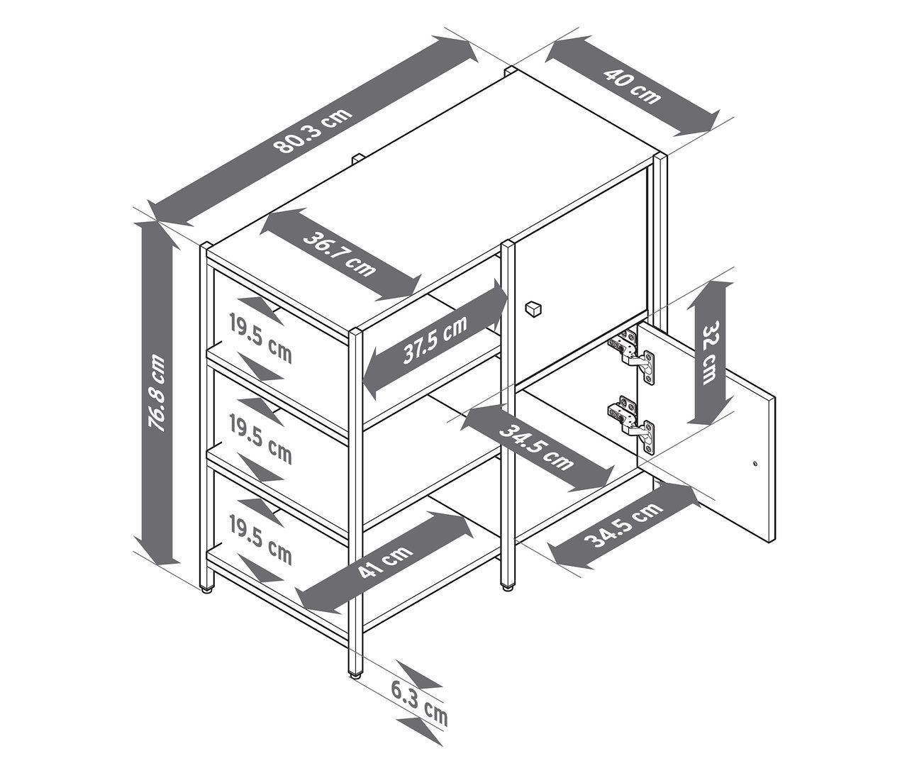 Dessin d'une commode « GRADE » avec des compartiments ouverts et 2 portes, ainsi que ses dimensions.