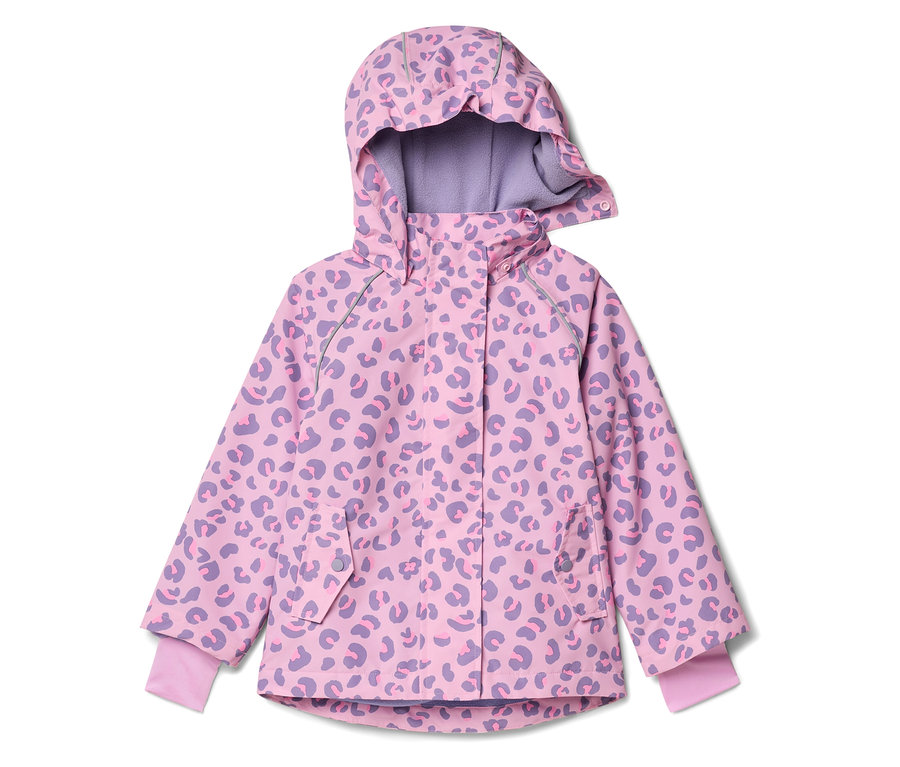 Veste rose à capuche pour enfant avec motif léopard violet.