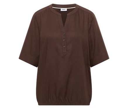 Chemisier tunique CECIL marron avec col en V, patte de boutonnage courte, manches courtes et ourlet élastique.