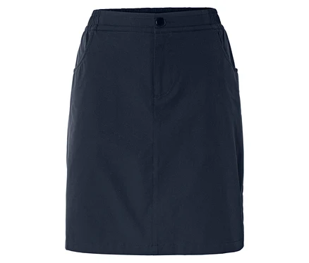 Une jupe bleu marine avec bouton et poches est visible sur un fond blanc.