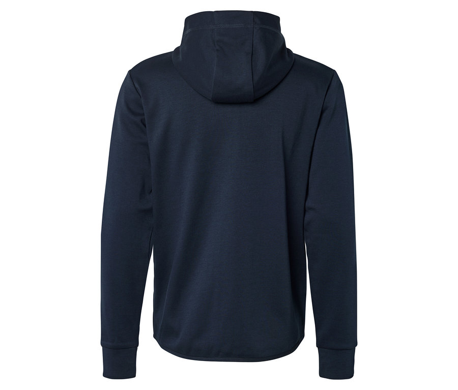 Vue arrière d'un sweat-shirt à capuche bleu marine à manches longues sur fond blanc.
