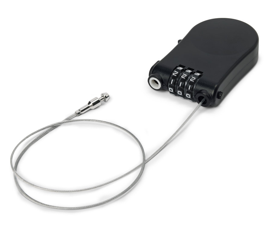 Cadenas à combinaison noir avec câble en acier sur fond blanc.