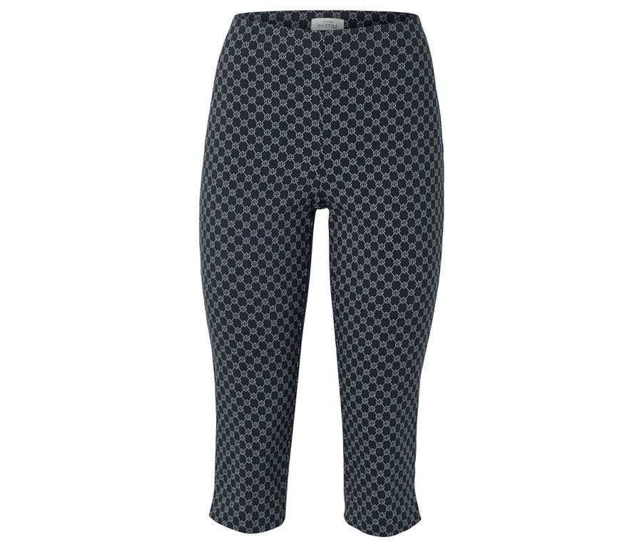 Un pantalon capri bleu marine avec un motif géométrique blanc répétitif.