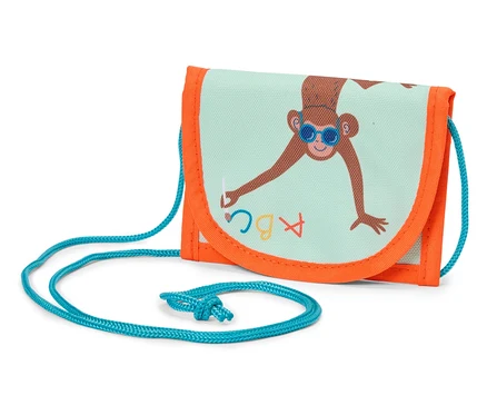 Portefeuille à motif de singe, bleu clair avec des accents orange et un ruban bleu.