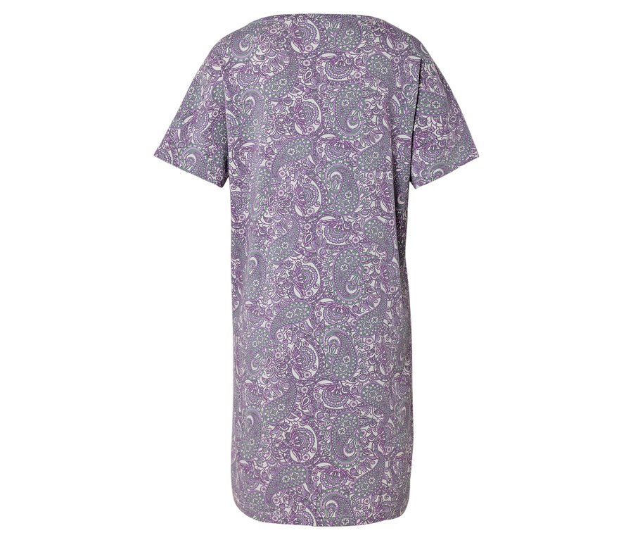 Vue arrière d'une chemise de nuit à motifs violets et blancs.