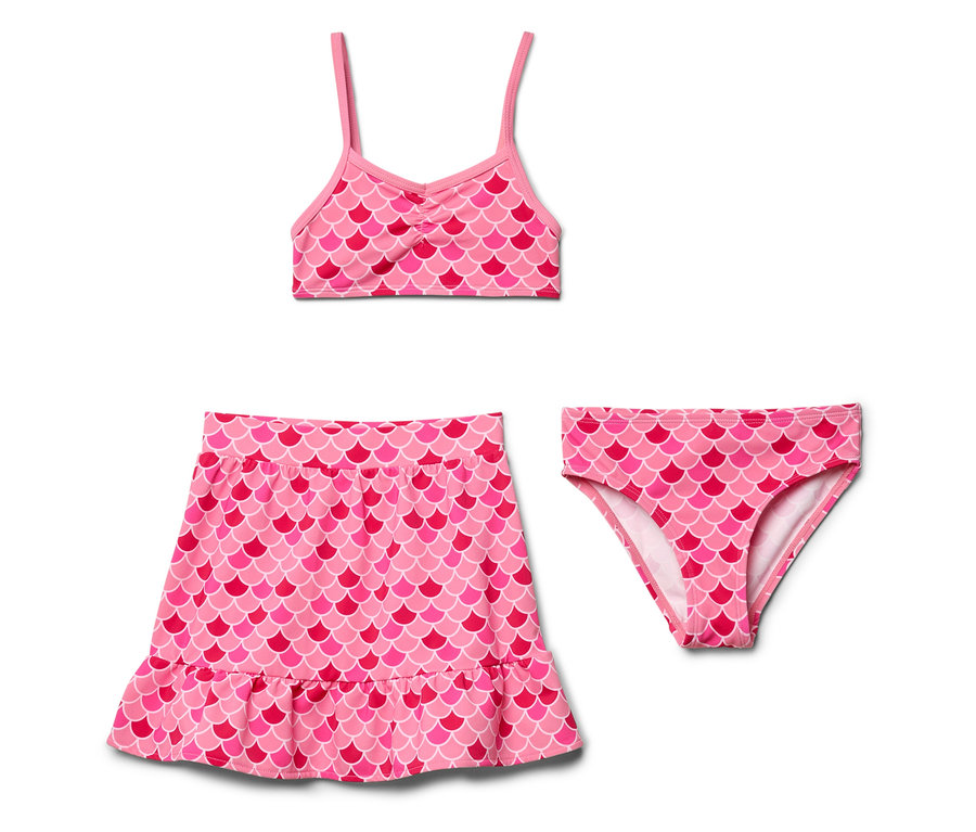 Maillot de bain rose pour fille avec motif écailles de poisson, composé d'un haut, d'un slip de bain et d'une jupe.
