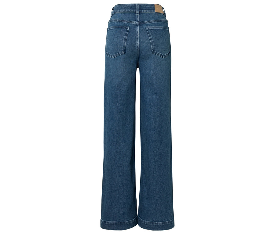 Vue arrière d'un jean bleu à jambes larges avec des poches.