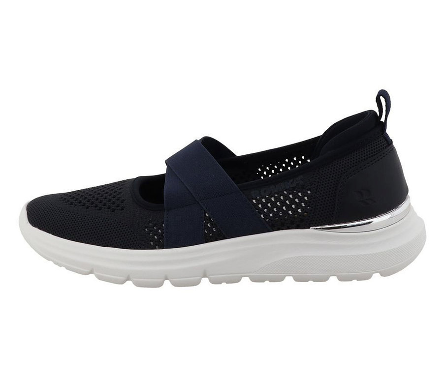 Chausson Romika bleu foncé avec tige en maille, semelle blanche, bride élastique et détail argenté au talon.
