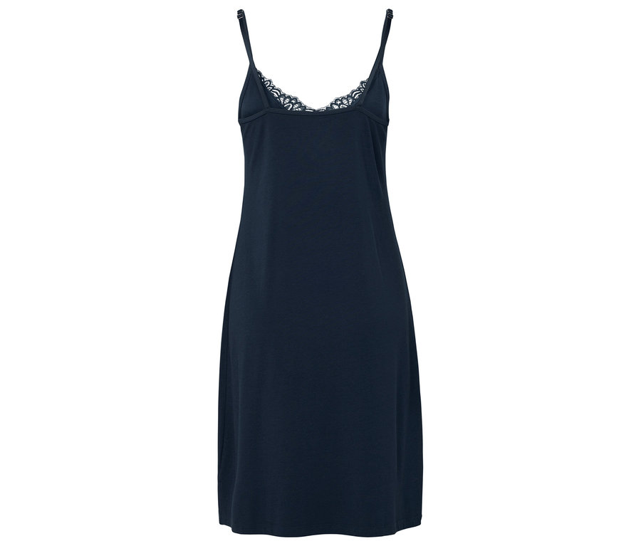 Chemise de nuit bleu marine à bretelles spaghetti et dentelle au décolleté.