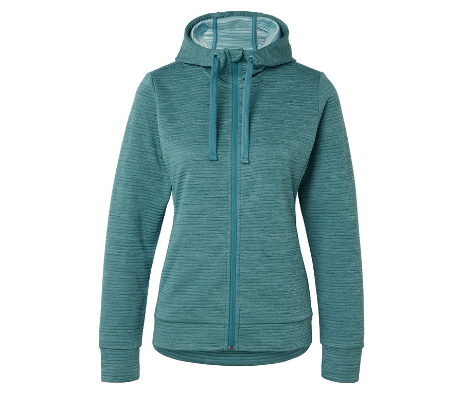 Un sweat à capuche turquoise avec fermeture éclair est présenté sur un fond blanc.