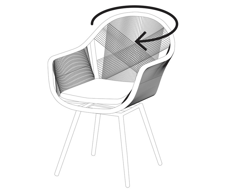Vue de dessus d'une chaise avec un mouvement de rotation indiqué par une flèche.