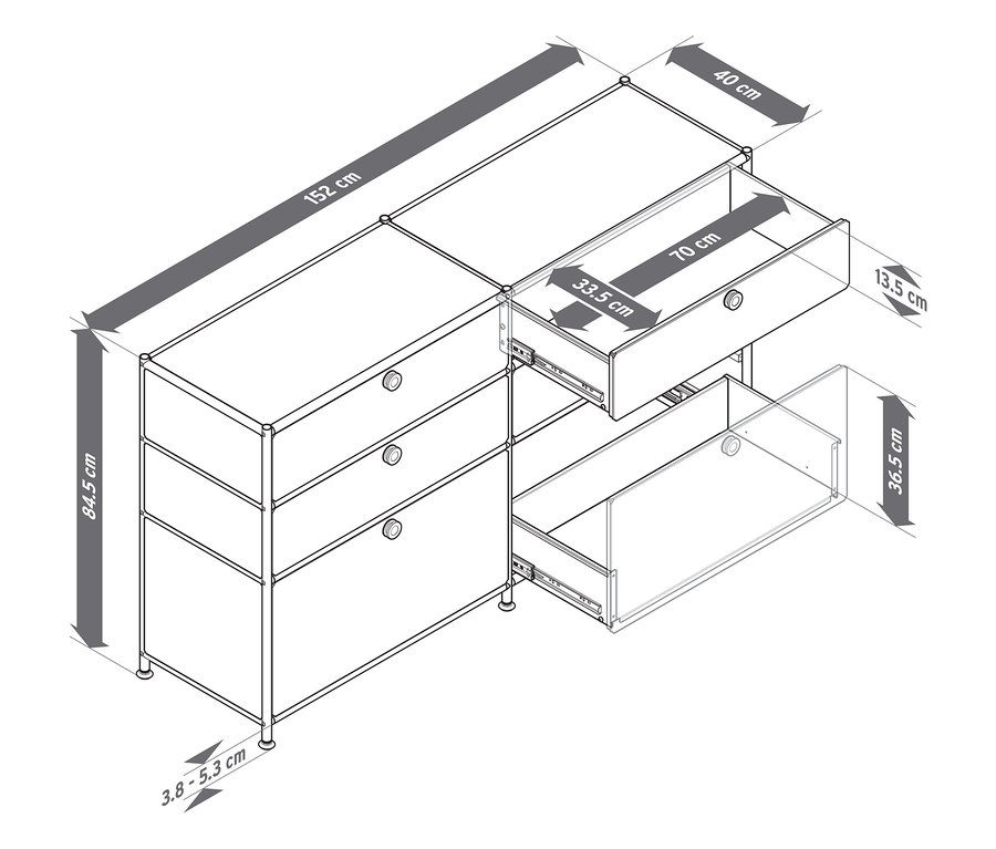 Trois commodes en métal « CN3 » avec 6 tiroirs chacune, une blanche, une grise et une noire, avec des indications de dimensions.