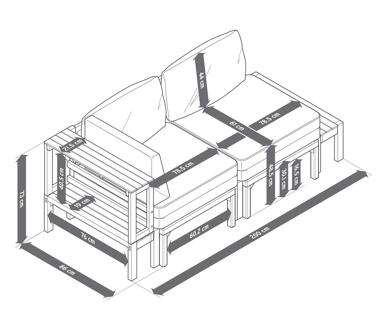 Illustration d'un canapé de jardin avec repose-pieds extensibles séparément et dimensions.