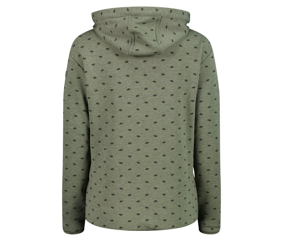 Vue arrière d'un sweat à capuche vert olive avec un motif noir.