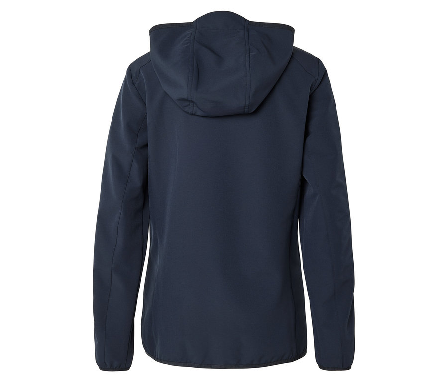 Vue arrière d'un manteau softshell bleu marine avec capuche.