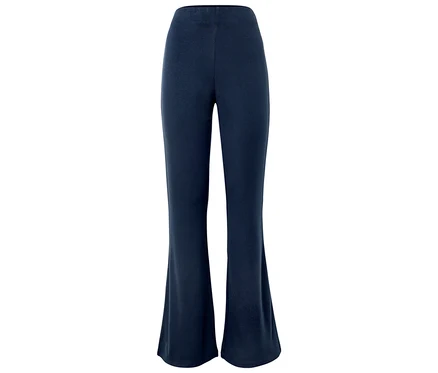 Pantalon marine évasé sur fond blanc.