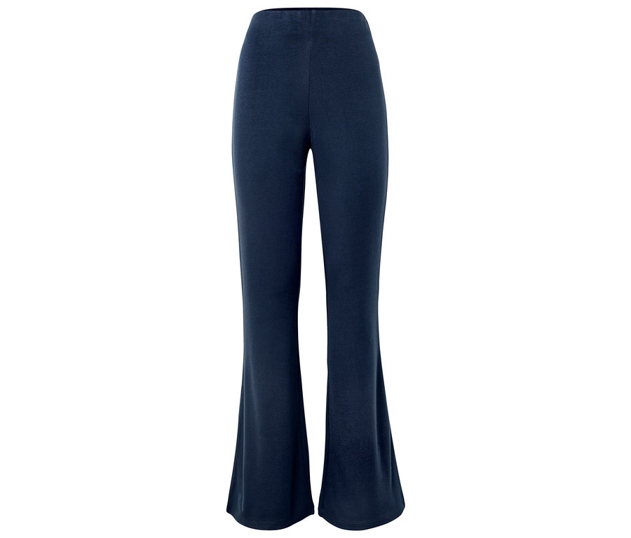 Pantalon marine évasé sur fond blanc.
