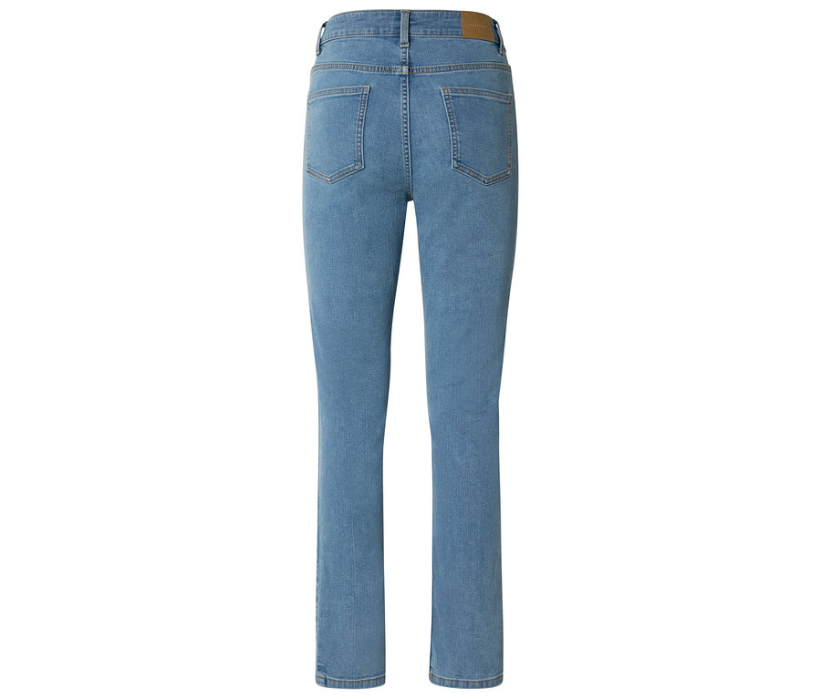 Vue arrière d'un jean bleu clair avec des jambes droites et des poches.