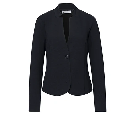 Gros plan sur le blazer en jersey bleu foncé Street One avec fermeture à bouton.