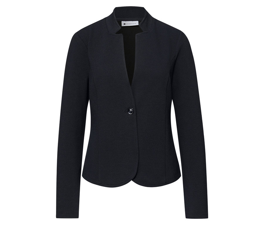 Gros plan sur le blazer en jersey bleu foncé Street One avec fermeture à bouton.