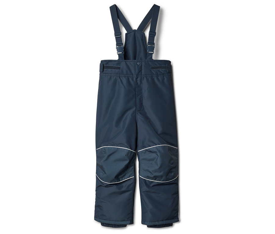 Pantalon de ski bleu marine à bretelles réglables avec une bande blanche aux genoux.