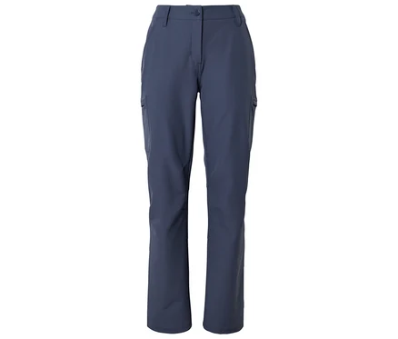 Un pantalon cargo bleu foncé avec une fermeture boutonnée et zippée, des passants de ceinture et des poches latérales, présenté à plat sur un fond blanc.