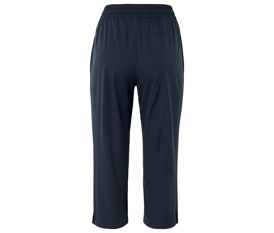 Pantalon ample bleu foncé avec élastique et fentes latérales, photographié de dos.