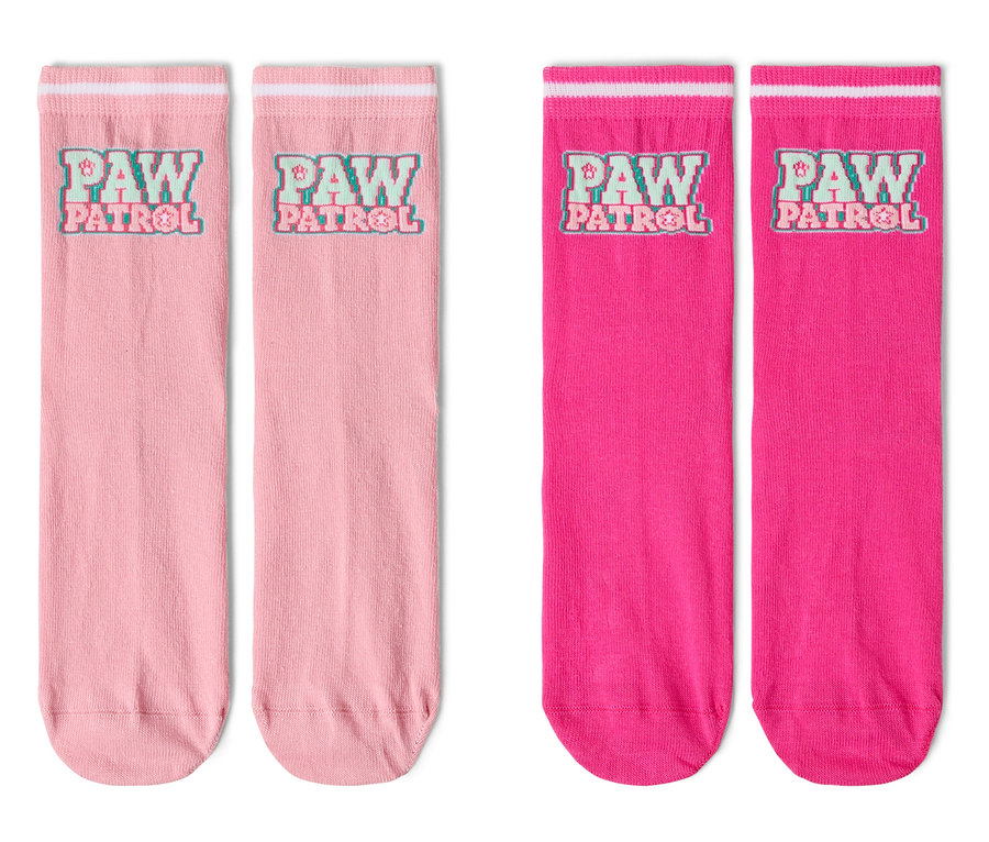Deux paires de chaussettes longues, une paire rose avec un imprimé 'Pat' Patrouille' et une paire rose avec un imprimé 'Pat' Patrouille'.