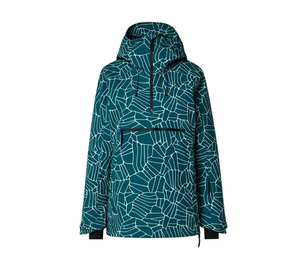 Veste anorak à capuche turquoise avec un motif géométrique abstrait blanc, une demi-fermeture éclair à l'avant, une poche poitrine horizontale zippée et une poche zippée sur la manche.