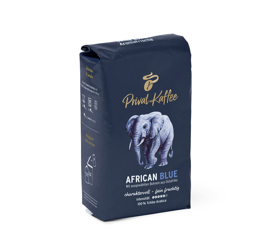 Un paquet de café en grains Privat Kaffee African Blue avec l'image d'un éléphant.