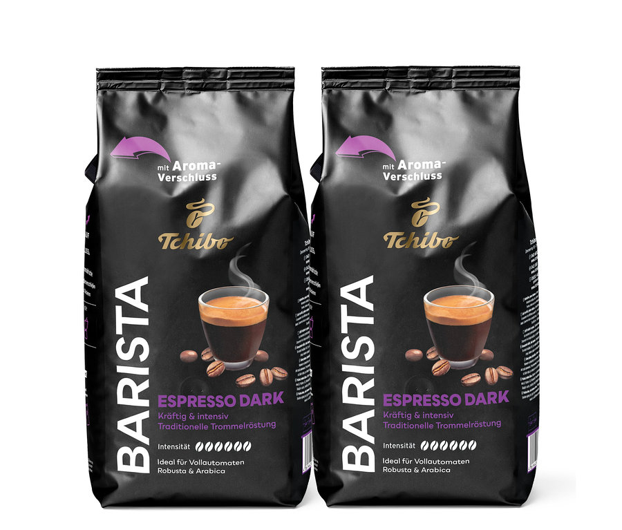 Deux paquets de café en grains BARISTA Expresso Dark – 2x 1 kg.