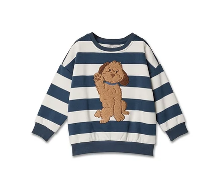 Sweat-shirt enfant rayé blanc et bleu marine avec un chien marron brodé qui lève la patte.