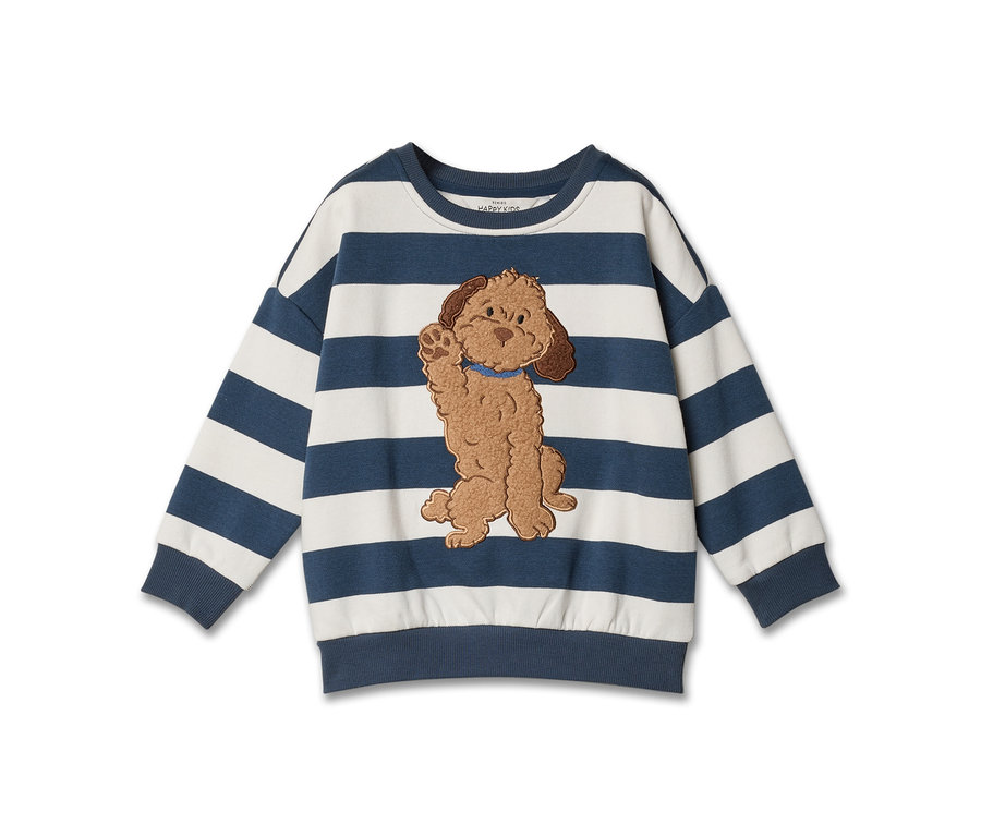 Sweat-shirt enfant rayé blanc et bleu marine avec un chien marron brodé qui lève la patte.