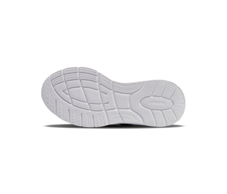 Semelle blanche d'une basket hummel® avec un motif texturé et le logo hummel® en relief sur le talon.