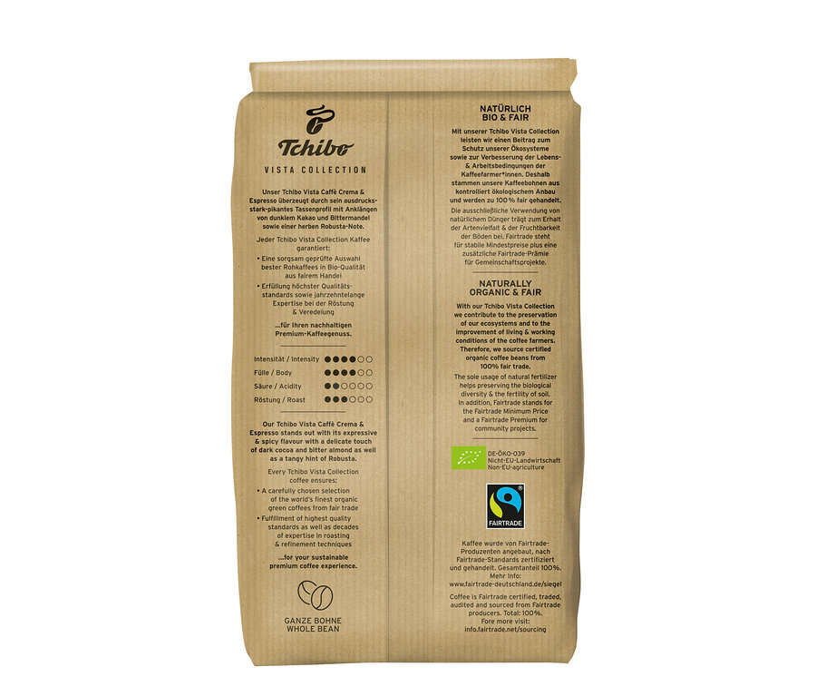 Un paquet de café Tchibo Vista Collection Bio Caffé Crema & Espresso en grains – 1x 1 kg.