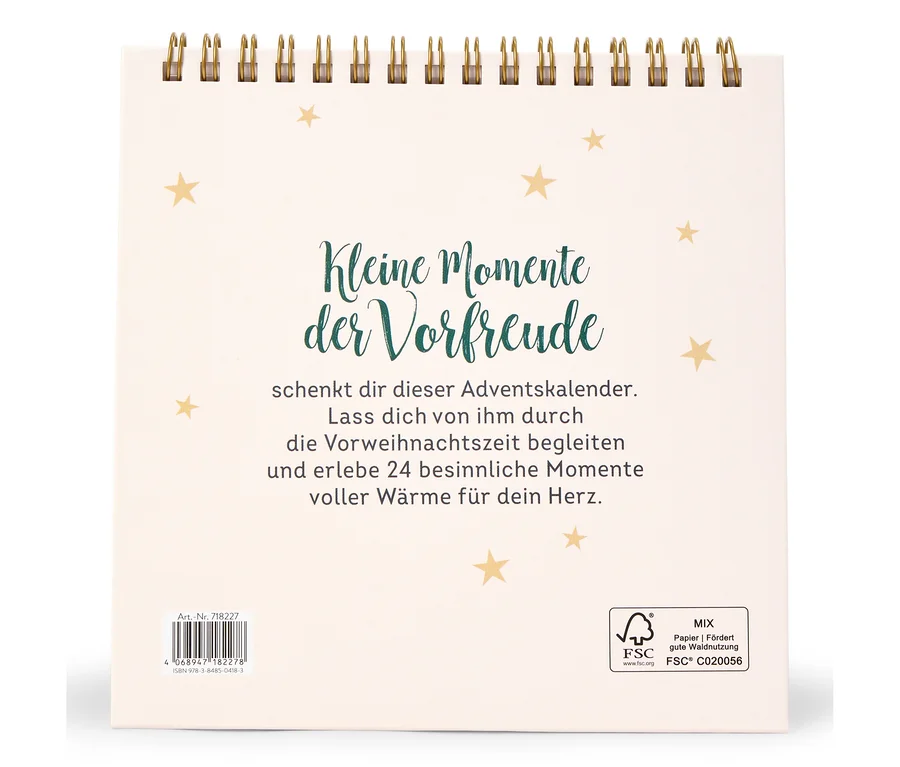 Calendrier blanc avec l'inscription "Kleine Momente der Vorfreude" et des étoiles dorées.