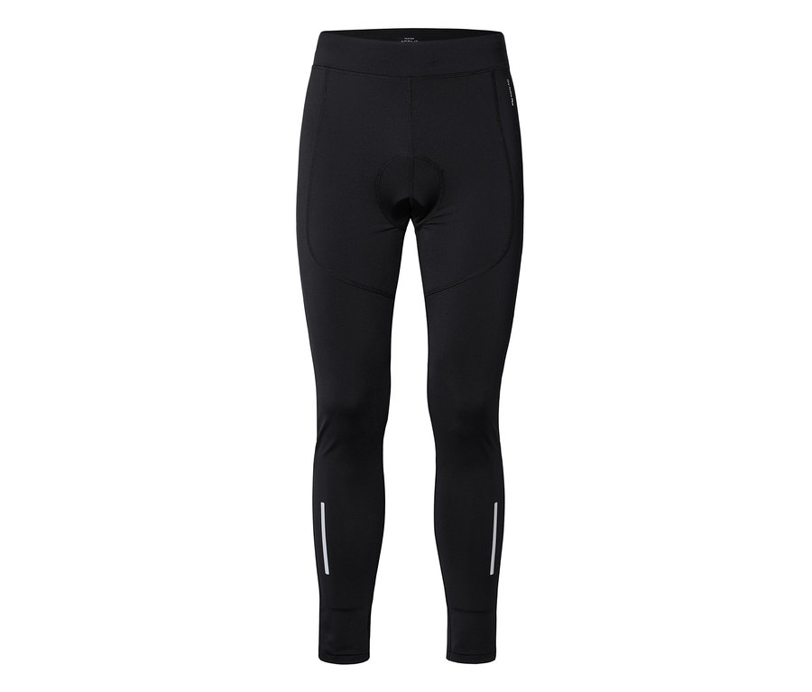 Collant de cyclisme noir avec entrejambe rembourré et bandes réfléchissantes blanches sur le bas des jambes.