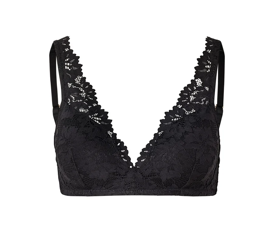 Soutien-gorge noir en dentelle avec décolleté en V et bretelles réglables.