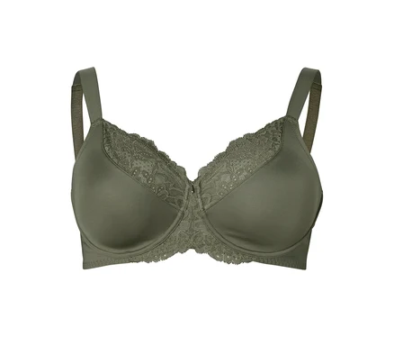 Soutien-gorge vert olive avec larges bretelles et dentelle sur les bonnets.